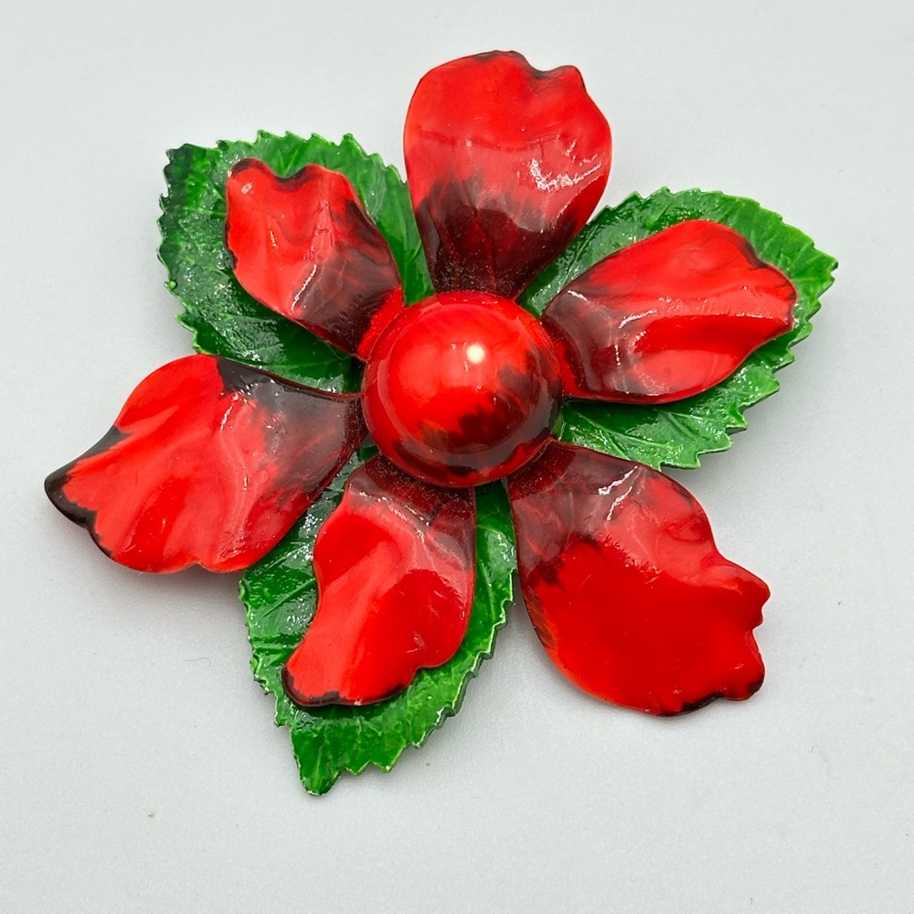 Vintage Enamel Flower Power Brooch Red Green Floral Pin 60s 50s
